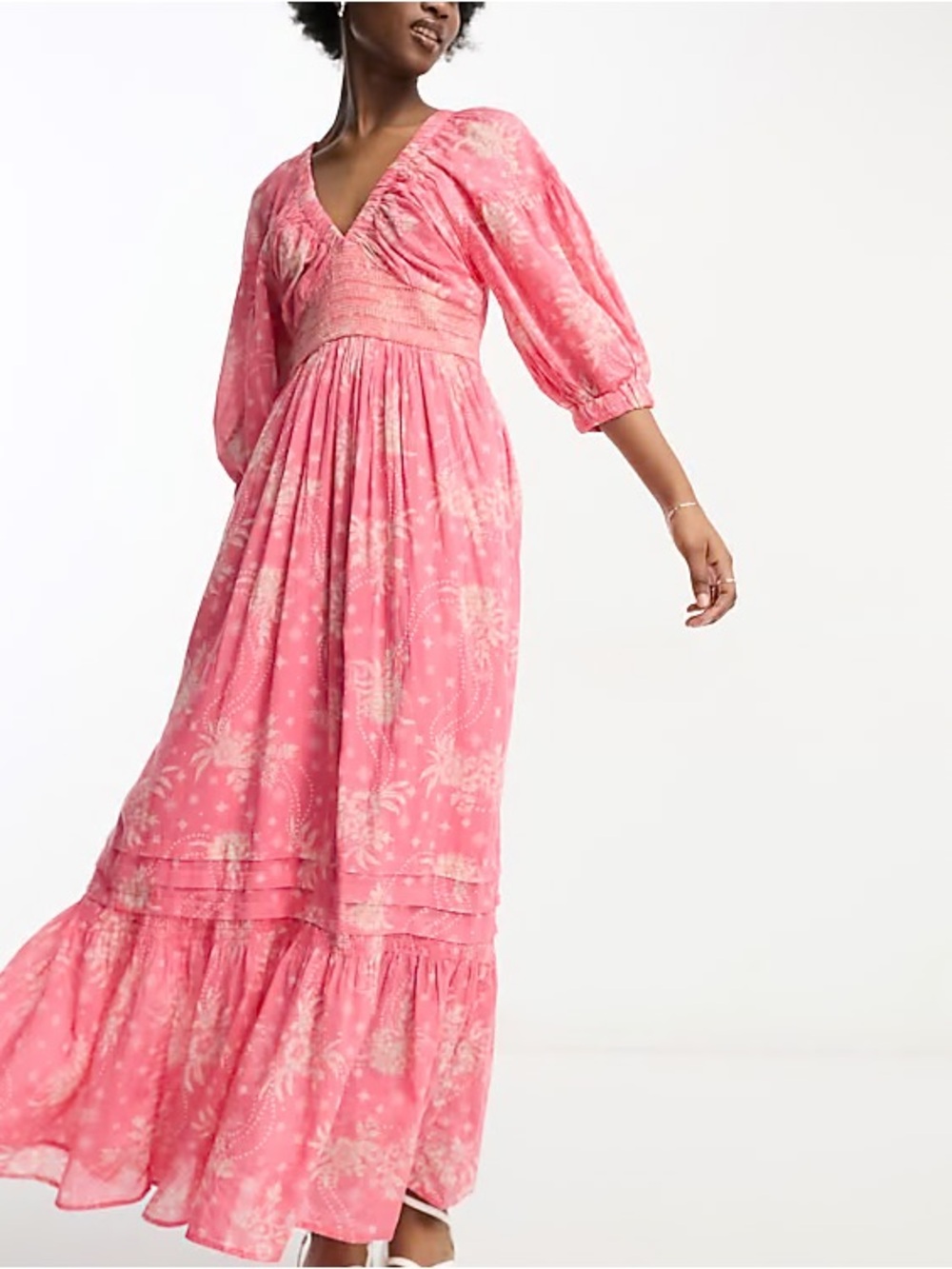 Free People Coral-Pink Floral Golden Hour Smocked Maxi Dress